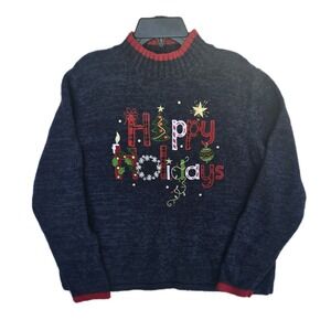 Tiara International Women's L Blue Happy Holidays Beaded Ugly Christmas Sweater
